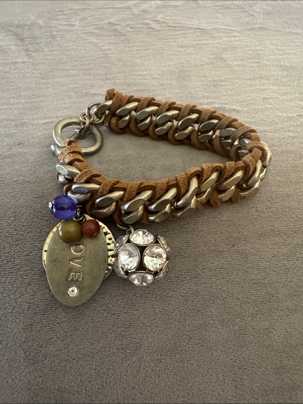Love Charm Braided Suede Chain Bracelet - Brown, Silver